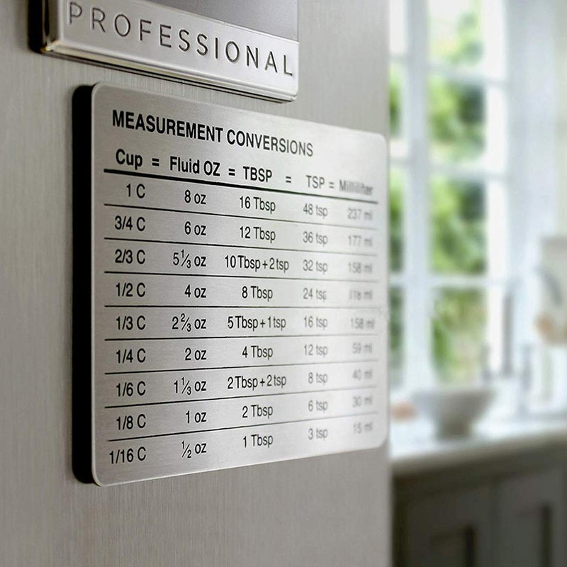 SOONHUA Measurement Conversion Refrigerator Magnet, kitchen Measurement Conversion Chart Stainless Steel Refrigerator Magnet for Cups Tablespoons Teaspoons Fluid Oz Milliliters - Image 1